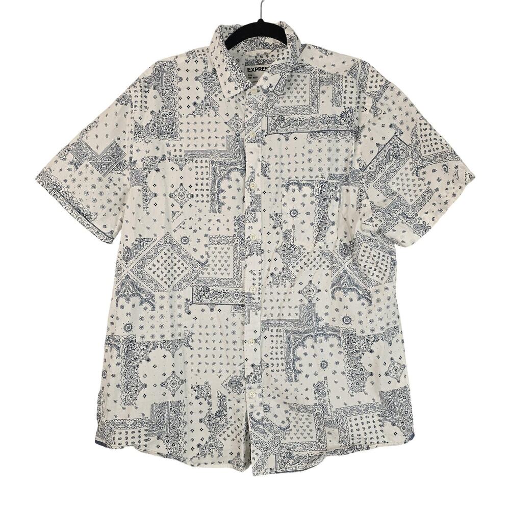 Express Shirt Mens Large White Blue Bandana Paisley Short Sleeve Button Up Woven